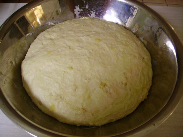 Bread dough, double sized, in morning.
