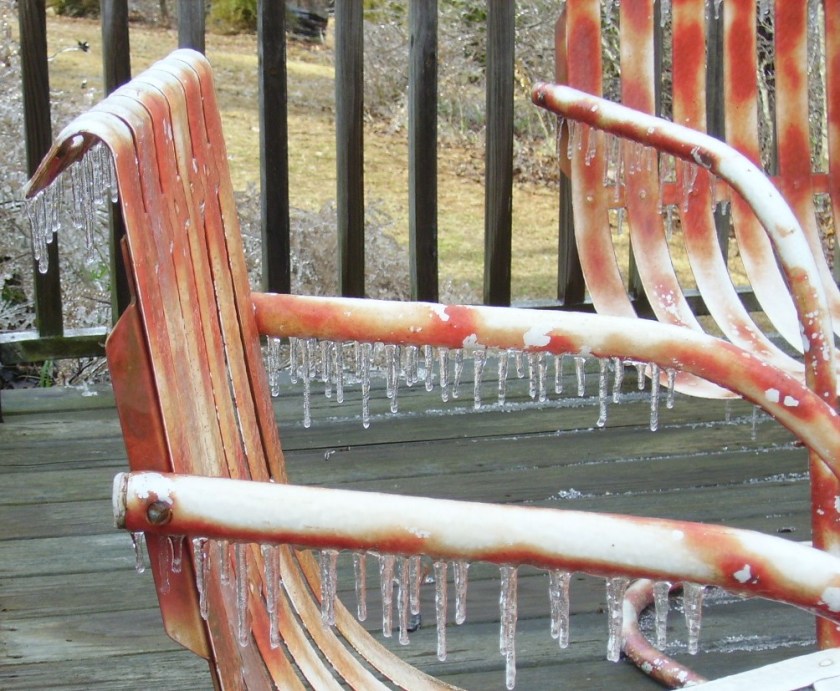 Lounge Chairs covered in Ice after Winter Storm Octavia. 