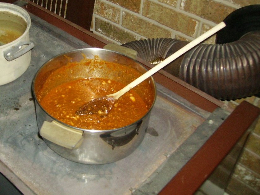 Cooking chili on wood stove because of Winter Storm Octavia
